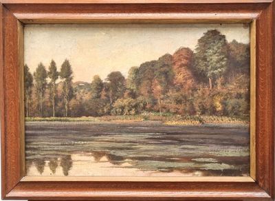 an image of a painting of a river with trees in the background