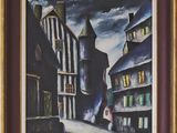 an oil painting of a street scene with buildings and a person walking down the street