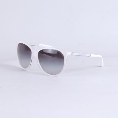 the sunglasses are made of plastic and have a white frame and grey lens
