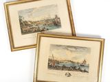 deux reproductions encadrées représentant une vue d'une ville et d'une rivière