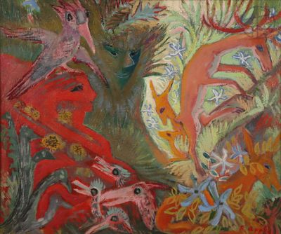 un tableau représentant des animaux et des oiseaux dans un champ