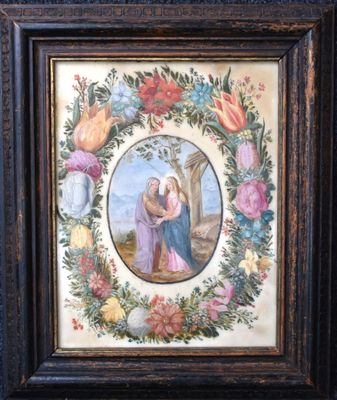 a painting of a woman holding a child in a wreath of flowers