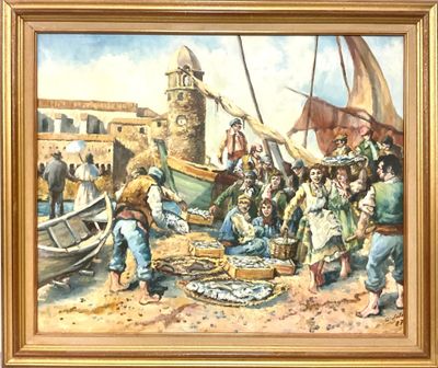 une peinture représentant un groupe de personnes sur la plage