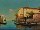 a painting of a canal with a boat in it