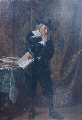 un vieux tableau représentant un homme en train de lire un livre devant une table