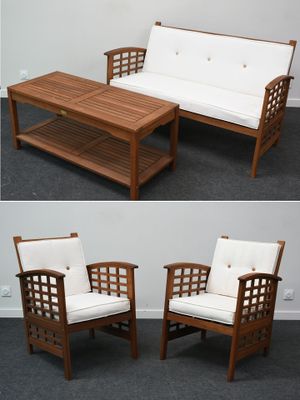 trois vues différentes d'un ensemble de meubles en bois avec des coussins blancs