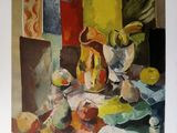 une peinture représentant une nature morte avec des fruits sur une table