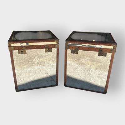 pair of antique wooden and glass side tables with mirrored top