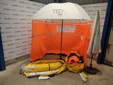 a tent that has a life jacket and a life jacket on it