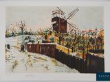 an image of a painting of a windmill on a snowy day
