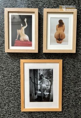 trois photos encadrées représentant une femme assise sur un canapé à côté de toilettes