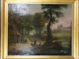 une peinture à l'huile représentant une scène de village avec une rivière et des personnages