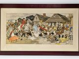 tableau encadré représentant un groupe de personnes dans un village