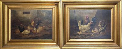 painting of chickens and chickens in a barn by a window