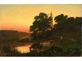 an image of a painting of a man tending to cattle by a river