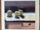 a painting of three apples on a table in front of a window