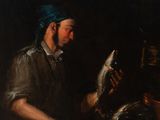 an image of a painting of a man holding a fish in his hand