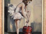 painting of a woman in a tutu bending over a red fire hydrant