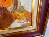 a painting of an orange and a vase on a table