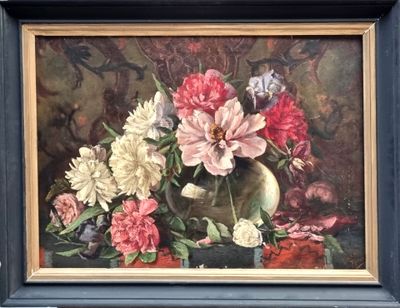 a painting of flowers in a vase on a table