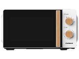 an image of a white microwave oven with two brown knobs