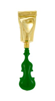 gold and green wine glass with a violin shaped handle