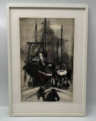 an image of a black and white drawing of a boat in a harbor