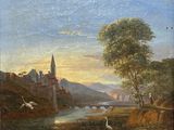 painting of a river scene with swans and a castle in the distance