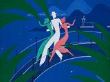 a painting of a couple dancing on a beach at night