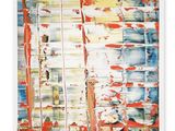 an abstract painting of red, white, and blue paint on a white background