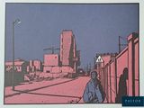 a picture of a man walking down a street in a city