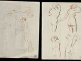 two drawings of a woman and a man standing next to each other