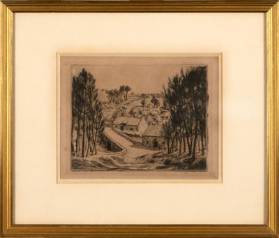 un dessin en noir et blanc représentant une route avec des arbres au premier plan