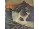 an old painting of a dog standing in front of a waterfall