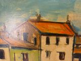 une peinture à l'huile représentant un bâtiment au toit rouge, devant lequel se trouve un cheval