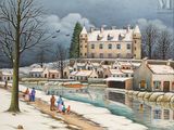 painting of a winter scene with people and boats on a river