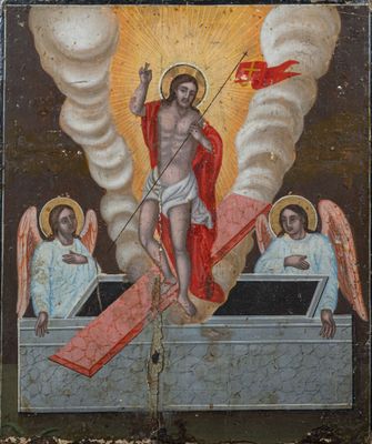 an image of a painting of jesus on the cross with angels