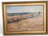 painting of a herd of cattle running across a dry grass field