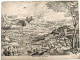 an old black and white drawing of a mountain landscape with a river