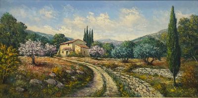 une peinture à l'huile représentant une route de campagne avec une maison au loin