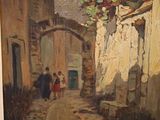 an image of a painting of a street with people walking down it