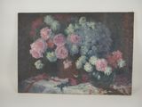 a painting of flowers in a vase on a table