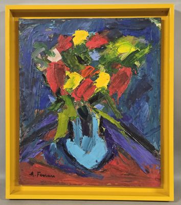 painting of red and yellow flowers in a blue vase on a table