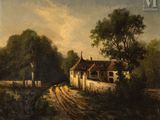 une image représentant un tableau représentant une scène de campagne avec une maison et des arbres