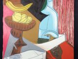 un tableau représentant des bananes et une bouteille bleue posées sur une table