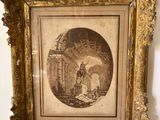 an old picture of a man and a woman in a castle