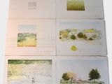 four pages of watercolor paintings of a landscape with trees and birds