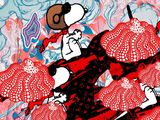 peanuts on a tree with red umbrellas in front of a colorful background