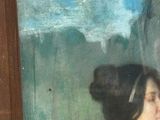 a painting of a woman standing in front of a mountain