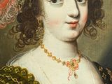 an old painting of a woman wearing a green dress and a red headband